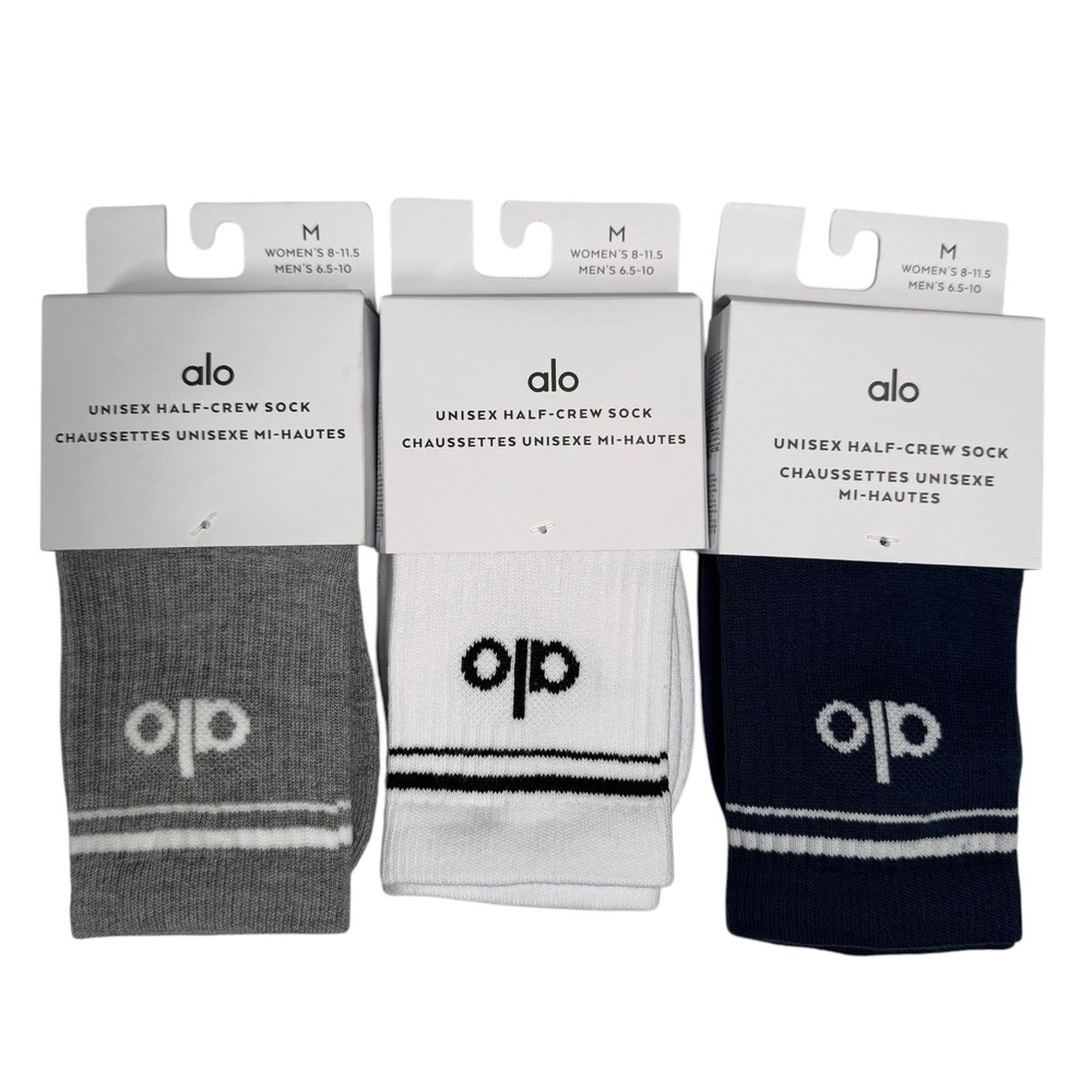 New Alo Half-Crew Socks Unisex Medium Grey, White, Navy Blue 3-Pack Ribbed Logo